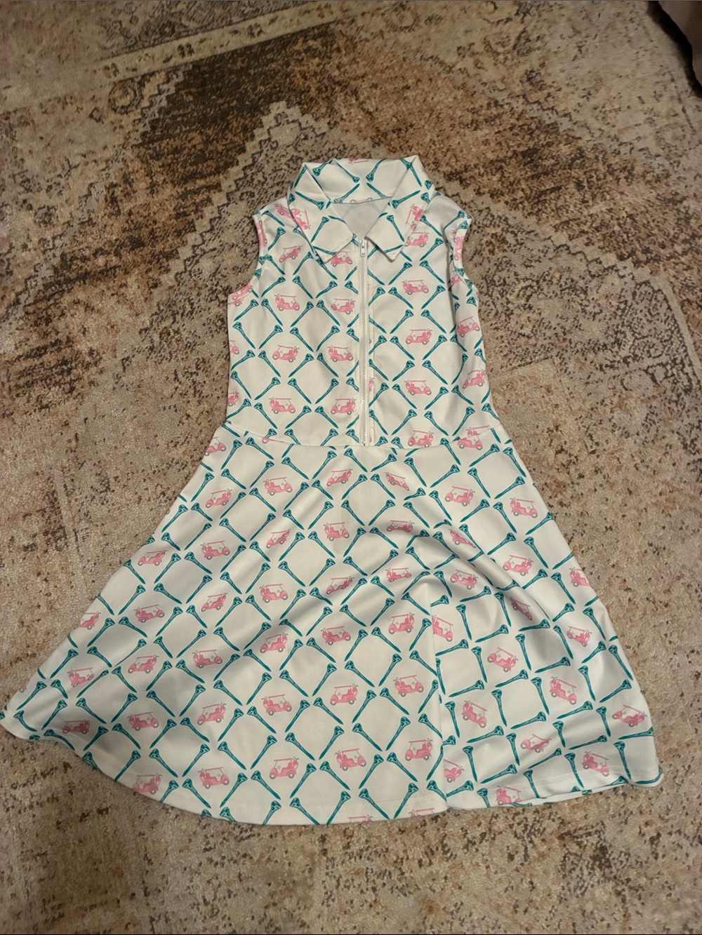 Sleeveless White Girls Dress with Pink Golfing theme & Teal Lattice Print